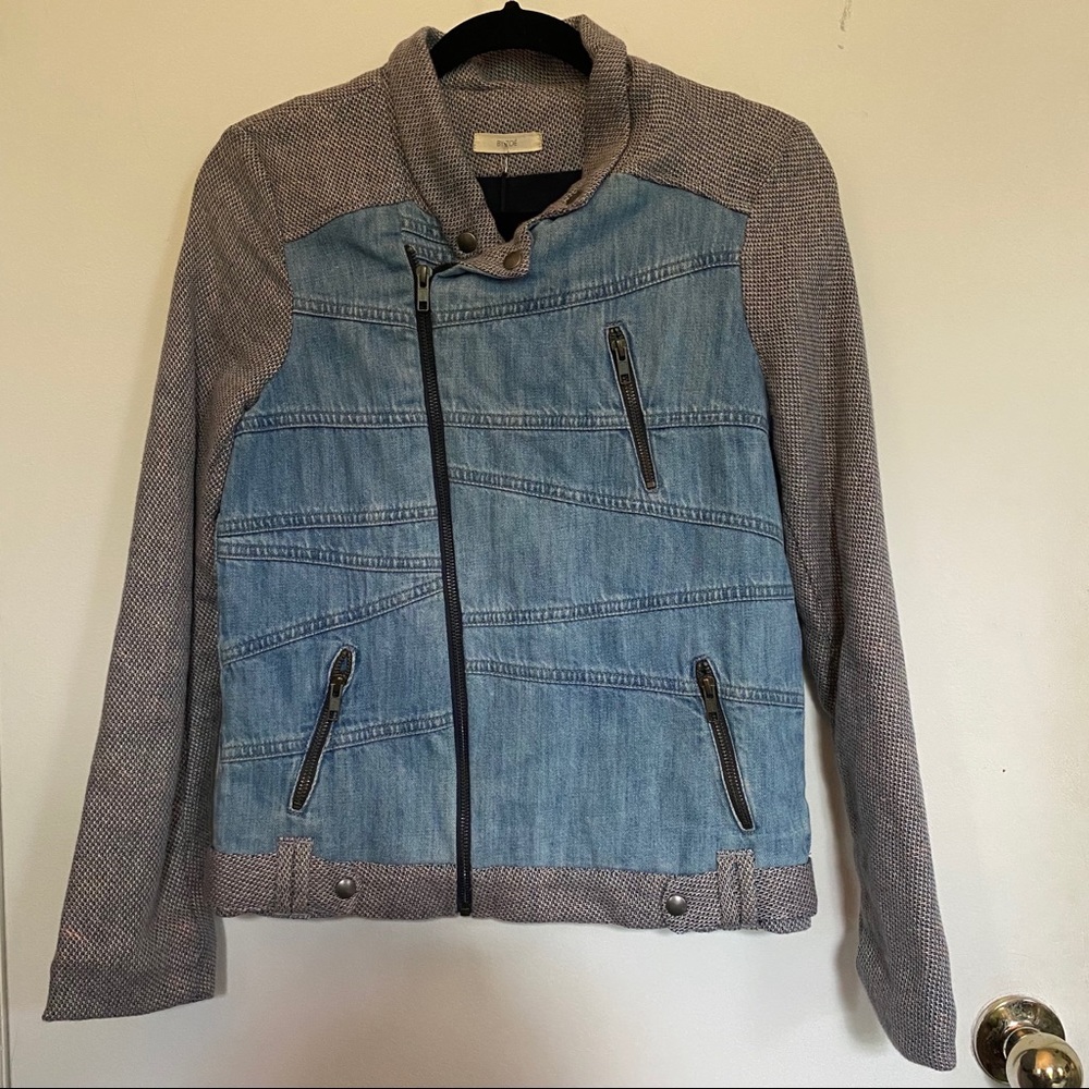 Jean motorcycle jacket with tweed sleeves